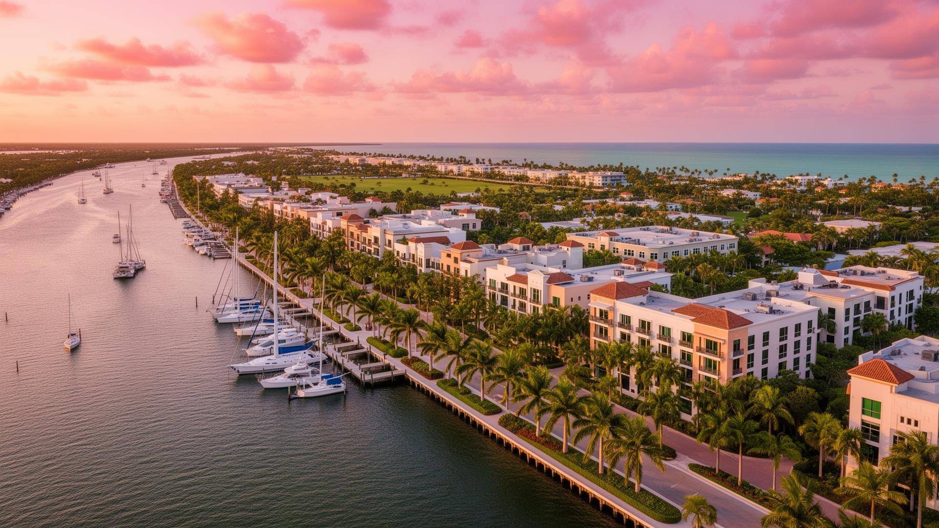 Fort Myers, Florida waterfront at golden hour with palm trees lining the boulevard