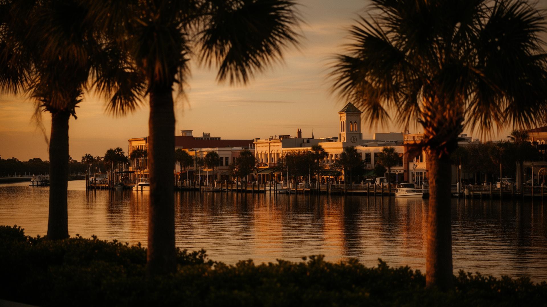Fort Myers riverfront at golden hour along the Caloosahatchee